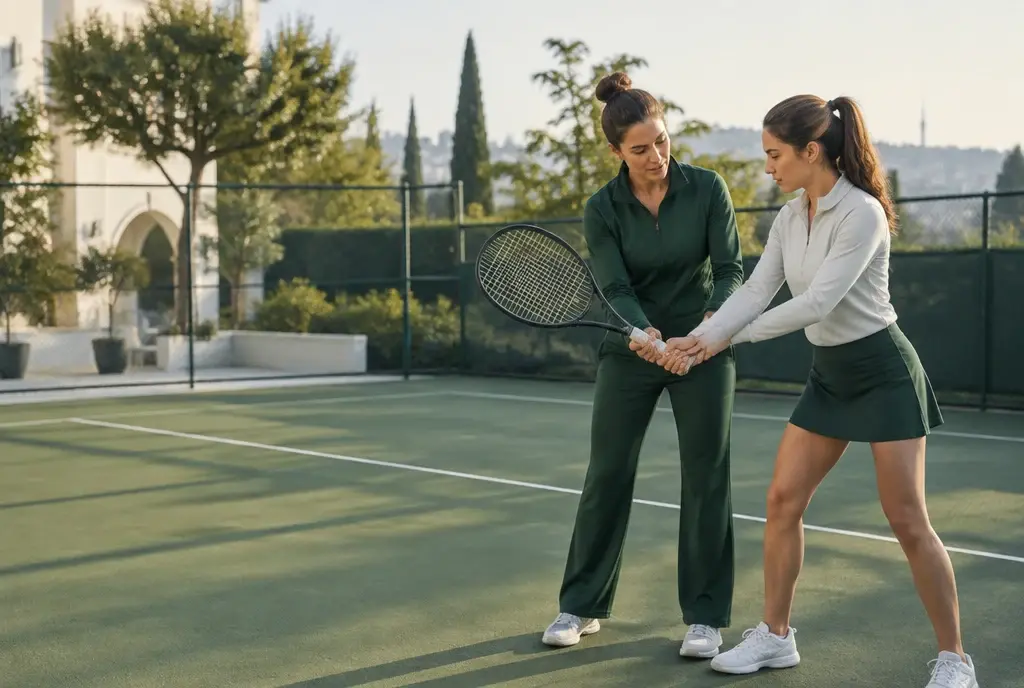 Birebir tenis çalışmasında antrenör, yetişkin öğrencinin raket tutuşunu gösteriyor