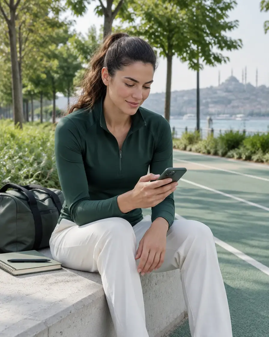 Pist kenarında telefonunu kullanan antrenör; tanıtım görseli